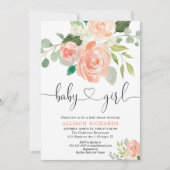 女の子の赤ちゃんシャワーフローラ水色桃の緑 招待状 (正面)
