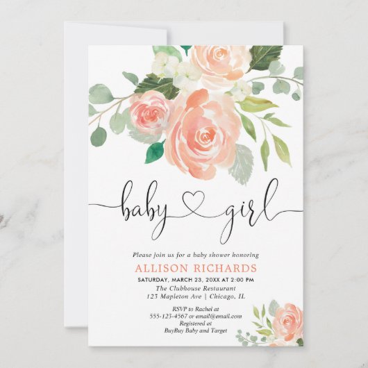 女の子の赤ちゃんシャワーフローラ水色桃の緑 招待状 (正面)