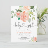 女の子の赤ちゃんシャワーフローラ水色桃の緑 招待状 (スタンド正面)