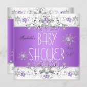 女の子の赤ちゃんシャワー冬ワンダーランドパープルホワイト3 招待状 (正面/裏面)