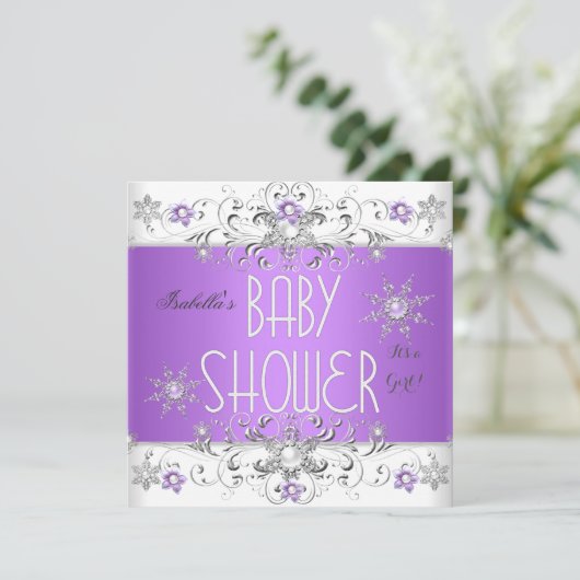 女の子の赤ちゃんシャワー冬ワンダーランドパープルホワイト3 招待状 (スタンド正面)