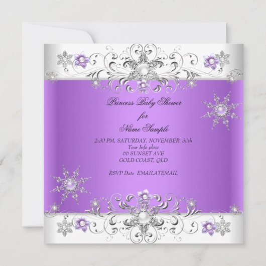 女の子の赤ちゃんシャワー冬ワンダーランドパープルホワイト3 招待状 (裏面)