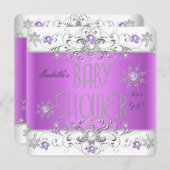 女の子の赤ちゃんシャワー冬ワンダーランドパープルホワイト 招待状 (正面/裏面)