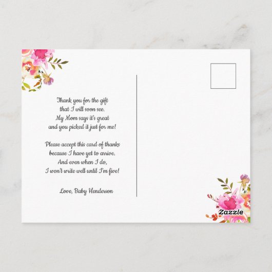 女の子の赤ちゃんシャワー感謝していの詩 ポストカード (裏面)