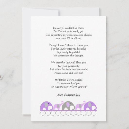 女の子の赤ちゃんシャワー感謝の詩のノート サンキューカード (正面)