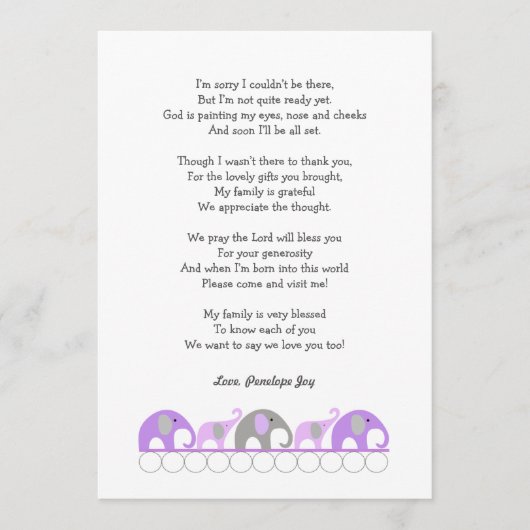 女の子の赤ちゃんシャワー感謝の詩のノート サンキューカード (正面)