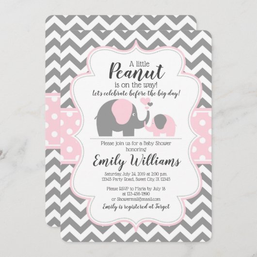 女の子の赤ちゃんシャワー招待ピンク象テーマ 招待状 (正面/裏面)