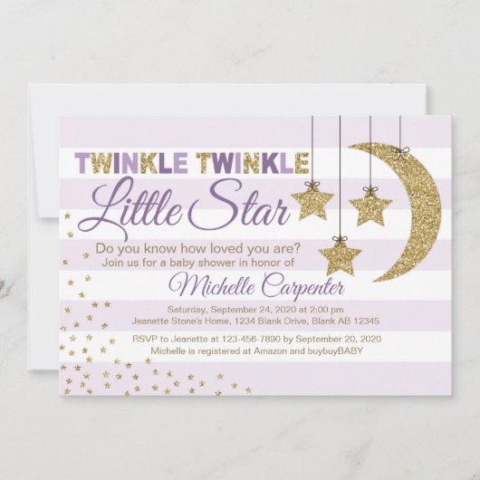 女の子の赤ちゃんシャワー招待状きらめく小さな星紫 招待状 (正面)