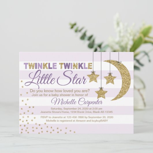女の子の赤ちゃんシャワー招待状きらめく小さな星紫 招待状 (スタンド正面)
