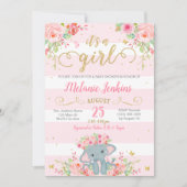 女の子の赤ちゃんシャワー招待状、象の赤ちゃんシャワー 招待状 (正面)