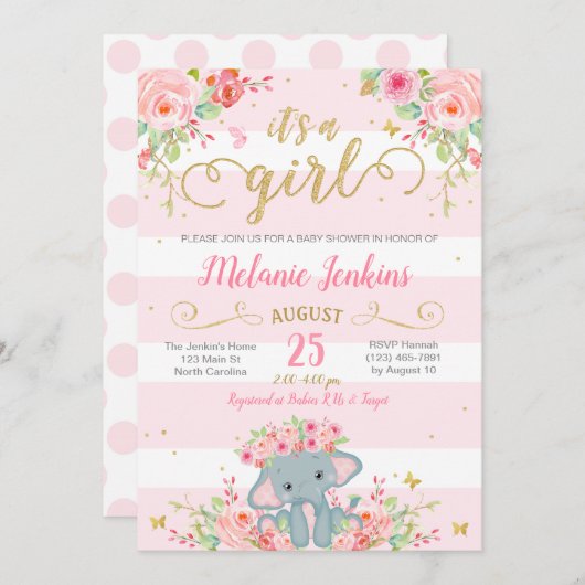 女の子の赤ちゃんシャワー招待状、象の赤ちゃんシャワー 招待状 (正面/裏面)