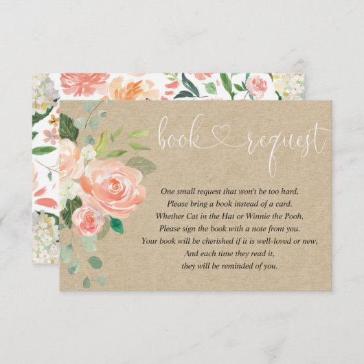 女の子の赤ちゃんシャワー本のリクエスト、桃の素朴クラフト エンクロージャーカード (正面/裏面)