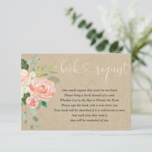 女の子の赤ちゃんシャワー本のリクエスト、桃の素朴クラフト エンクロージャーカード (スタンド正面)