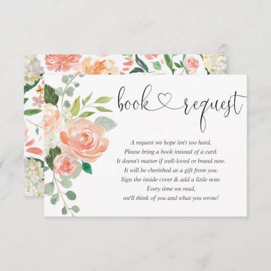 女の子の赤ちゃんシャワー本のリクエスト、桃の赤面ピンクen エンクロージャーカード (正面/裏面)