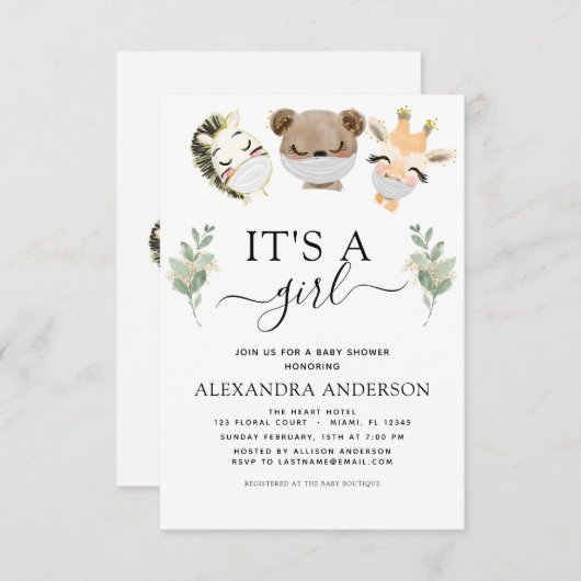 女の子の赤ちゃんシャワー森ユーカリ 招待状 (正面/裏面)