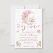 女の子の赤ちゃんシャワー水カラーフローラムーンピンク 招待状 (正面)