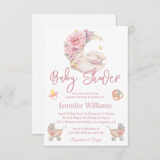 女の子の赤ちゃんシャワー水カラーフローラムーンピンク 招待状 (正面/裏面)