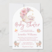 女の子の赤ちゃんシャワー水カラーフローラムーンピンク 招待状 (正面)