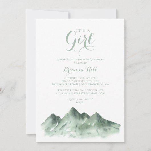 女の子の赤ちゃんシャワー緑の山国 招待状 (正面)