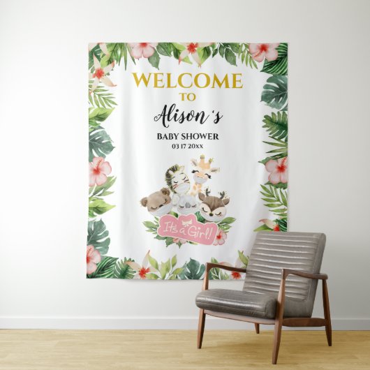 女の子の赤ちゃんシャワー背景 |金ゴールドSafariの友達 タペストリー (インサイチュ)