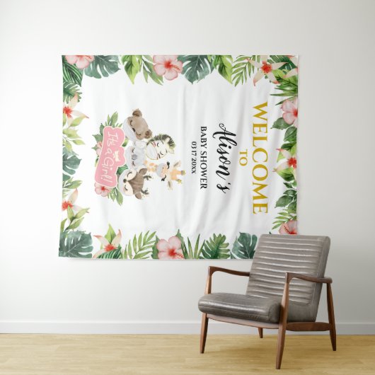 女の子の赤ちゃんシャワー背景 |金ゴールドSafariの友達 タペストリー (インサイチュ(横))