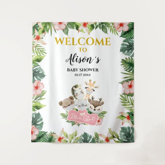 女の子の赤ちゃんシャワー背景 |金ゴールドSafariの友達 タペストリー (正面)