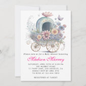 女の子の赤ちゃんシャワー ガーリーな ブッシュピンクの花柄 バギー おしゃれなベビーシャワー 招待状 (正面)