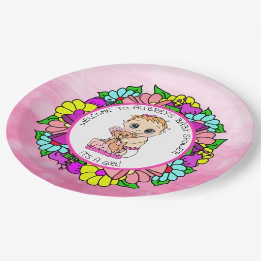 女の子の赤ちゃんシャワー、テディベアとのベビー ペーパープレート (アングル)