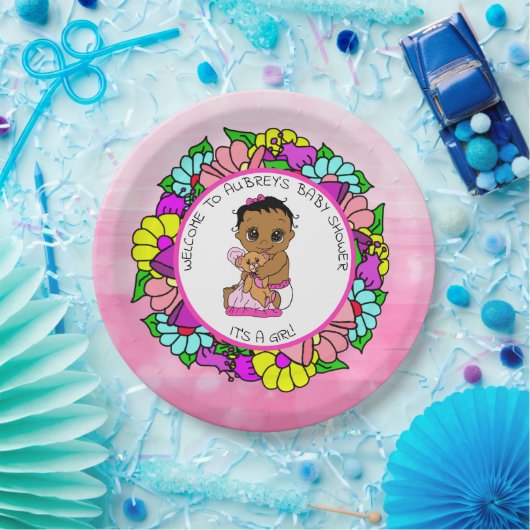 女の子の赤ちゃんシャワー、テディベアとの民族ベビー ペーパープレート (パーティー)