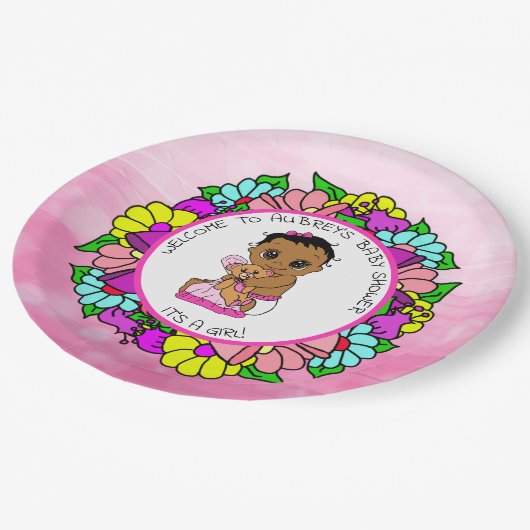 女の子の赤ちゃんシャワー、テディベアとの民族ベビー ペーパープレート (アングル)