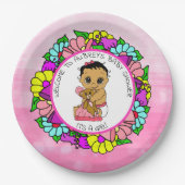 女の子の赤ちゃんシャワー、テディベアとの民族ベビー ペーパープレート (正面)