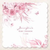 女の子の赤ちゃんシャワー、ピンクスチルライフ花模様、ホタテ ペーパーコースター (正面)