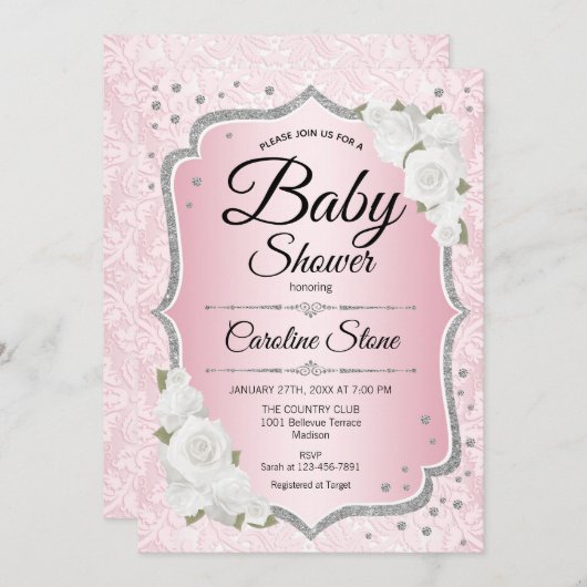 女の子の赤ちゃんシャワー – ピンク銀白色 招待状 (正面/裏面)