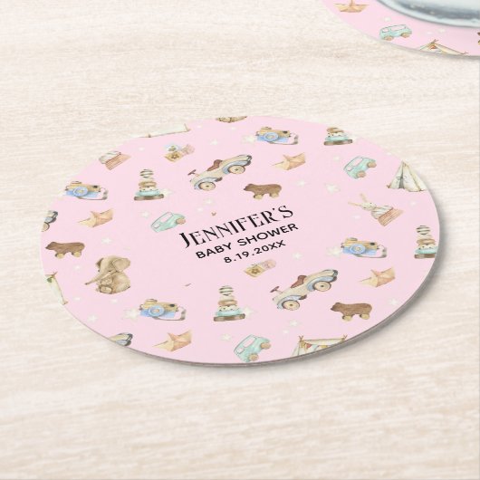 女の子の赤ちゃんシャワー、ヴィンテージ玩具、ピンク ラウンドペーパーコースター (アングル)