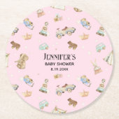女の子の赤ちゃんシャワー、ヴィンテージ玩具、ピンク ラウンドペーパーコースター (正面)