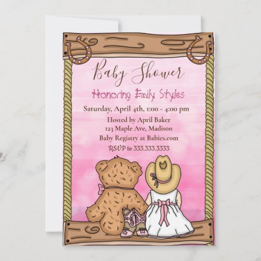 女の子の赤ちゃんシャワー |女性のカーボーイとテディベア 招待状 (正面)