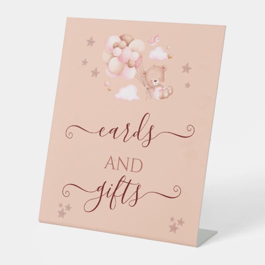 女の子の赤ちゃんシャワーTeddyクマのカードとギフトサイン 台座サイン (正面)