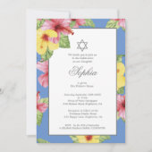 女の子の赤ちゃん命名式 ブルー ヘブライ フラワー ブルー 招待状 (正面)