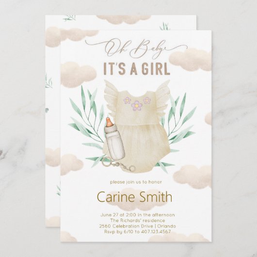 女の子の赤ちゃん服の赤ちゃんシャワーの招待状だ 招待状 (正面/裏面)