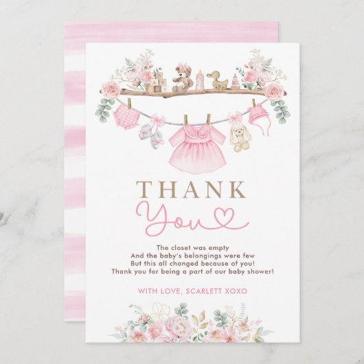 女の子の赤ちゃん服ピンクのフローラ赤ちゃんシャワー サンキューカード (正面/裏面)