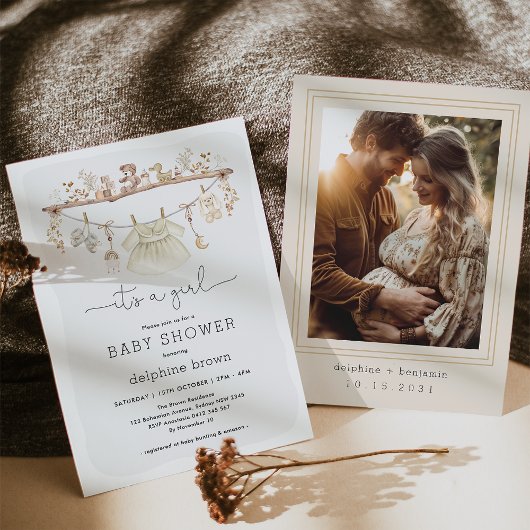 女の子の赤ちゃん服Bohoニュートラルトーンベビーシャワー 招待状