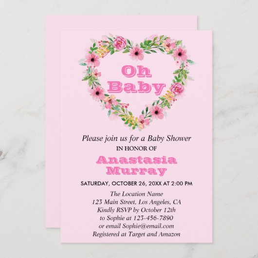 女の子の赤ちゃん歓迎 ピンクの花輪 春のベビーシャワー 招待状 (正面/裏面)