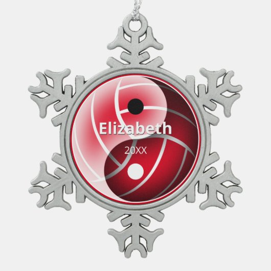 女の子の赤または任意の色の陰陽バレーボール スノーフレークピューターオーナメント (正面)