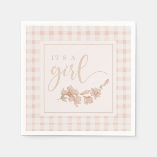 女の子の赤面ピンクのフローラギンガムベビーシャワー スタンダードカクテルナプキン (正面)
