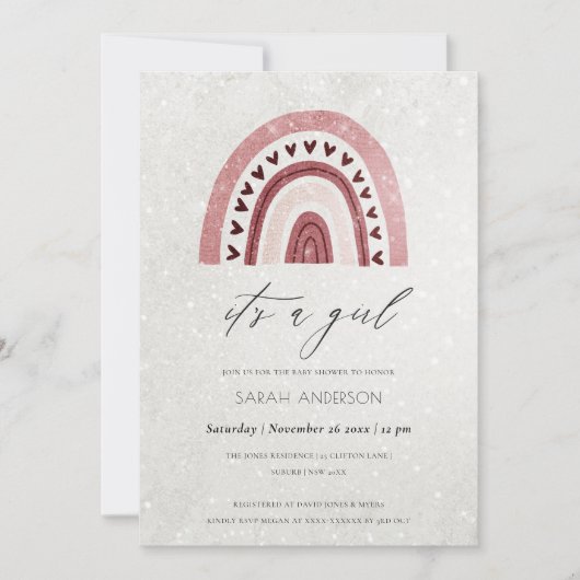 女の子の赤面ピンクのレインボーベビーシャワー招待状 サンキューカード (正面)