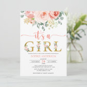 女の子の赤面ピンクの金ゴールドフローラ赤ちゃんシャワー 招待状 (スタンド正面)