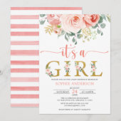 女の子の赤面ピンクの金ゴールドフローラ赤ちゃんシャワー 招待状 (正面/裏面)