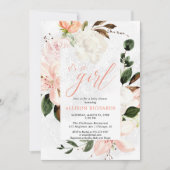 女の子の赤面ピンクレースフローラの赤ちゃんシャワー 招待状 (正面)