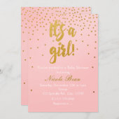 女の子の赤面ピンク&金ゴールド紙吹雪招待状 招待状 (正面/裏面)
