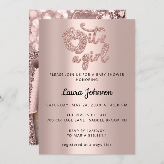 女の子の足写真カスタム赤ちゃんシャワーバラ 招待状 (正面/裏面)